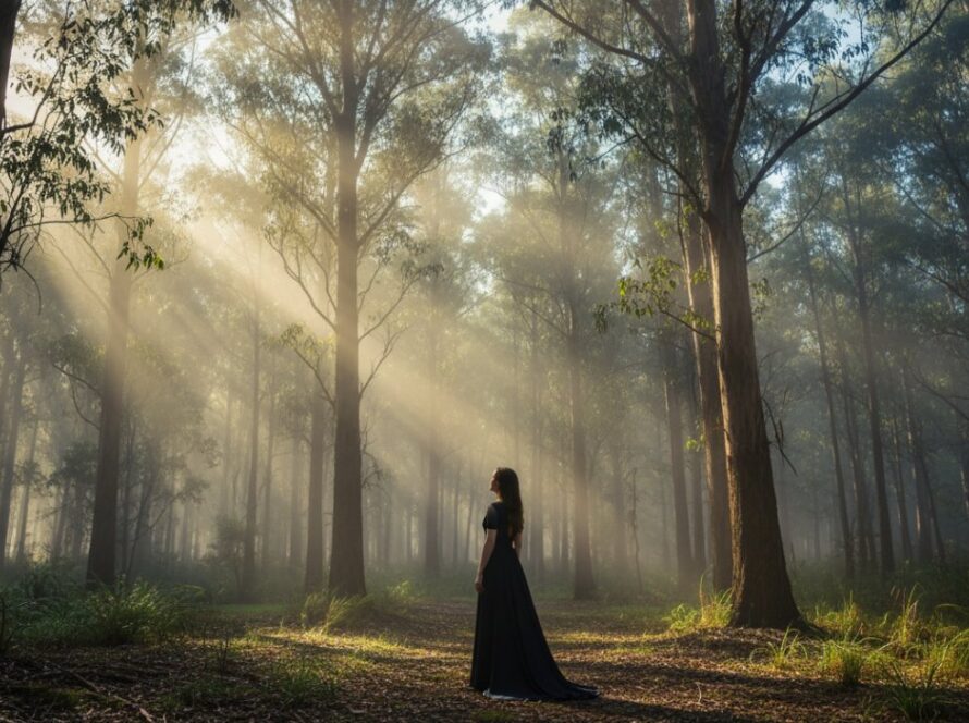 A dramatic fine art photograph showcasing the ethereal fine art photography Cockatoo ranges, featuring a solitary figure silhouetted against a misty, sun-drenched forest, capturing an epic moment of profound natural beauty and human contemplation.