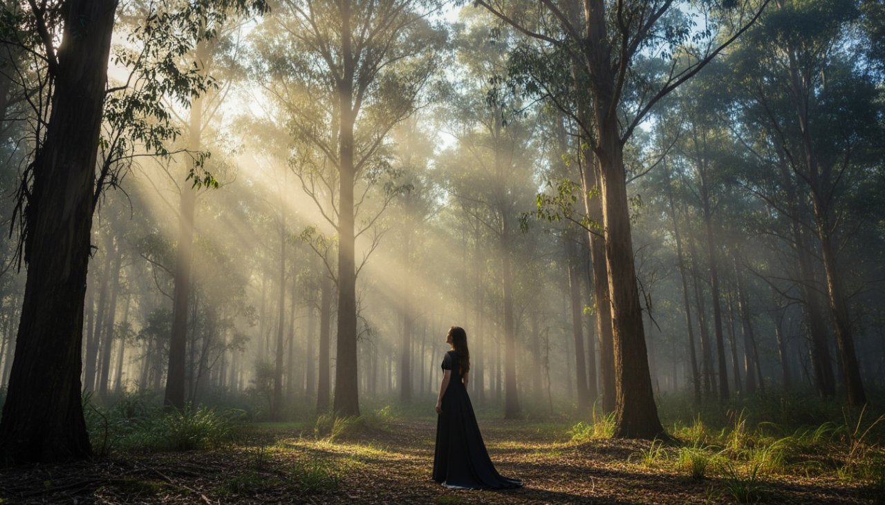 A dramatic fine art photograph showcasing the ethereal fine art photography Cockatoo ranges, featuring a solitary figure silhouetted against a misty, sun-drenched forest, capturing an epic moment of profound natural beauty and human contemplation.