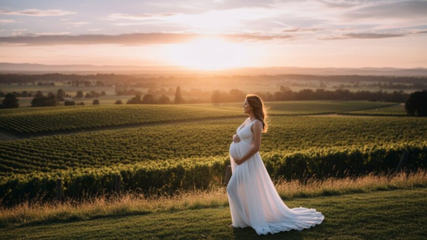 A stunning golden hour photograph of an expectant mother in a flowing gown, embracing her baby bump amidst the rolling vineyards of Tarrawarra, capturing the Ethereal Tarrawarra Maternity Photoshoot Victoria experience.