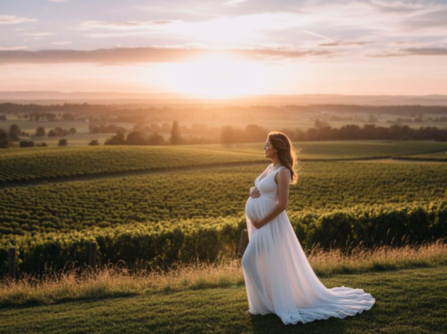 A stunning golden hour photograph of an expectant mother in a flowing gown, embracing her baby bump amidst the rolling vineyards of Tarrawarra, capturing the Ethereal Tarrawarra Maternity Photoshoot Victoria experience.