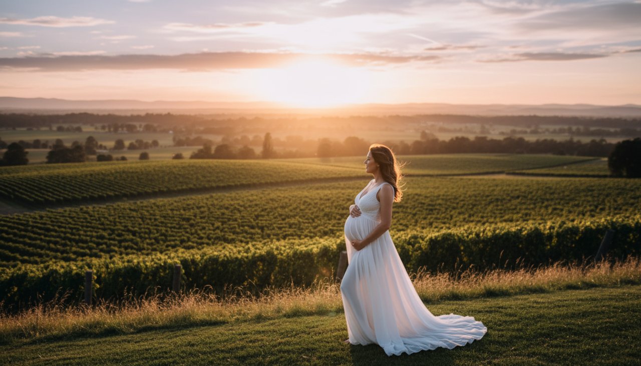 A stunning golden hour photograph of an expectant mother in a flowing gown, embracing her baby bump amidst the rolling vineyards of Tarrawarra, capturing the Ethereal Tarrawarra Maternity Photoshoot Victoria experience.