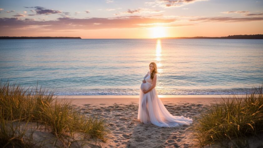 An ethereal Tootgarook maternity photoshoot beach sunset capturing a radiant pregnant woman silhouetted against a golden hour sky, her bump gently cradled, with the waves softly lapping the shore, evoking a sense of calm and anticipation.