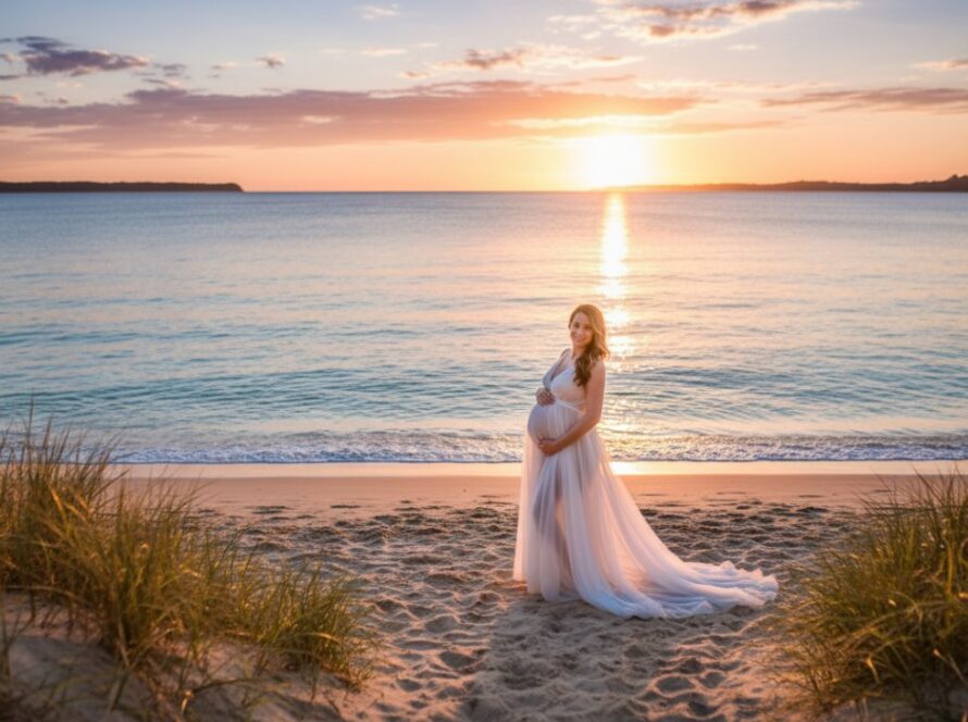 An ethereal Tootgarook maternity photoshoot beach sunset capturing a radiant pregnant woman silhouetted against a golden hour sky, her bump gently cradled, with the waves softly lapping the shore, evoking a sense of calm and anticipation.