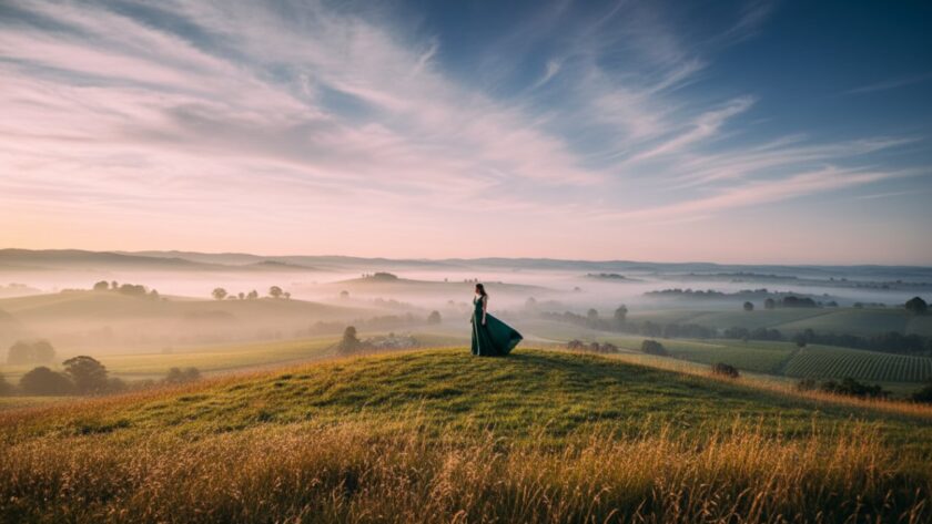 An ethereal Woori Yallock Fine Art Photography moment, showcasing a solitary figure silhouetted against a dramatic Yarra Valley sunset, with mist rising from the distant hills, capturing the profound rural beauty.