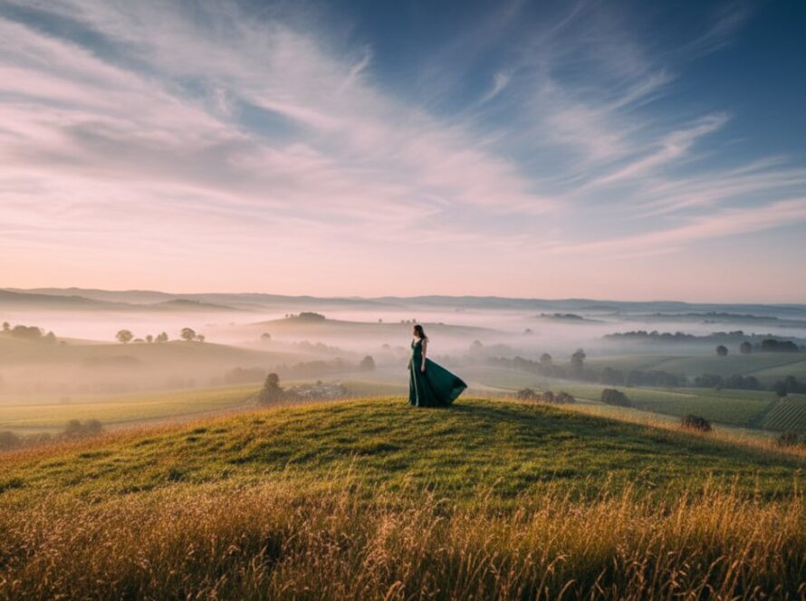 An ethereal Woori Yallock Fine Art Photography moment, showcasing a solitary figure silhouetted against a dramatic Yarra Valley sunset, with mist rising from the distant hills, capturing the profound rural beauty.