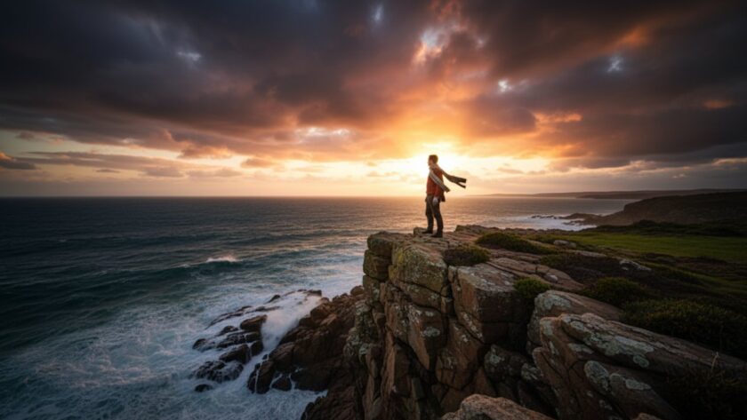 A breathtaking fine art portrait captured on the Mornington Peninsula, showing a subject silhouetted against a dramatic sunset over the ocean, embodying evocative fine art photography Mornington Peninsula captures.