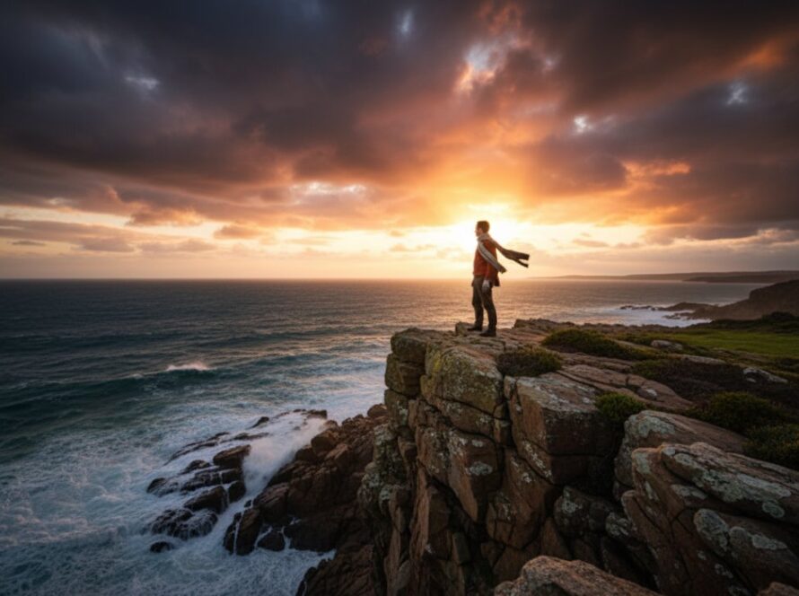 A breathtaking fine art portrait captured on the Mornington Peninsula, showing a subject silhouetted against a dramatic sunset over the ocean, embodying evocative fine art photography Mornington Peninsula captures.