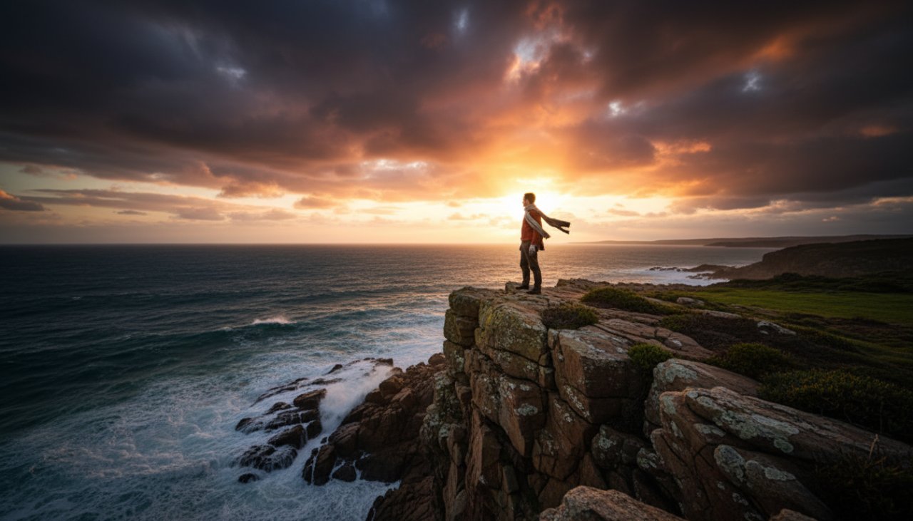A breathtaking fine art portrait captured on the Mornington Peninsula, showing a subject silhouetted against a dramatic sunset over the ocean, embodying evocative fine art photography Mornington Peninsula captures.