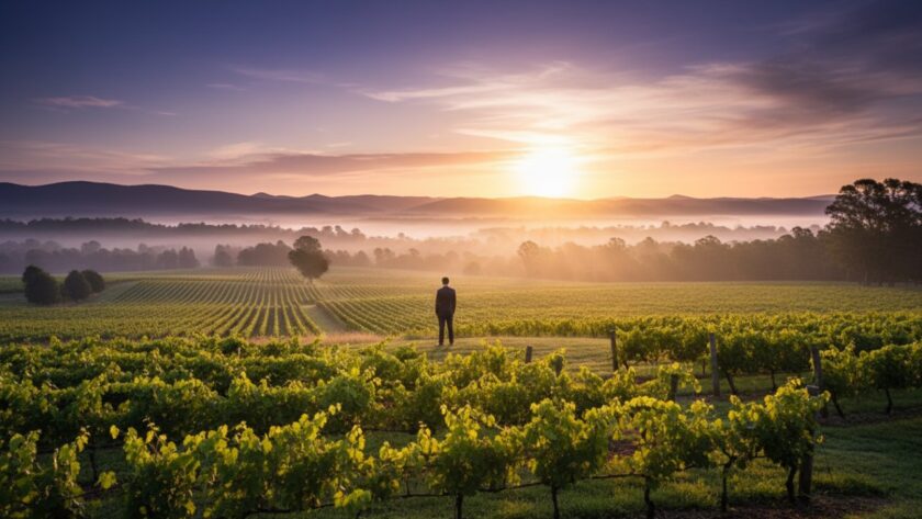 An epic moment of evocative fine art photography in Steels Creek Victoria, featuring a lone figure silhouetted against a dramatic sunset over rolling hills, with a subtle mist enhancing the artistic mood and capturing the serene rural beauty.