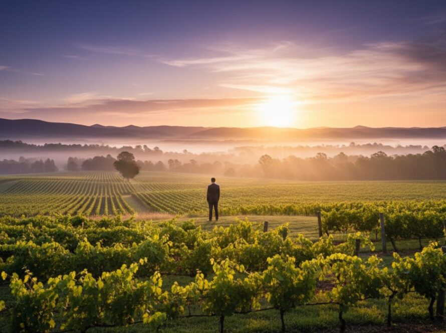 An epic moment of evocative fine art photography in Steels Creek Victoria, featuring a lone figure silhouetted against a dramatic sunset over rolling hills, with a subtle mist enhancing the artistic mood and capturing the serene rural beauty.