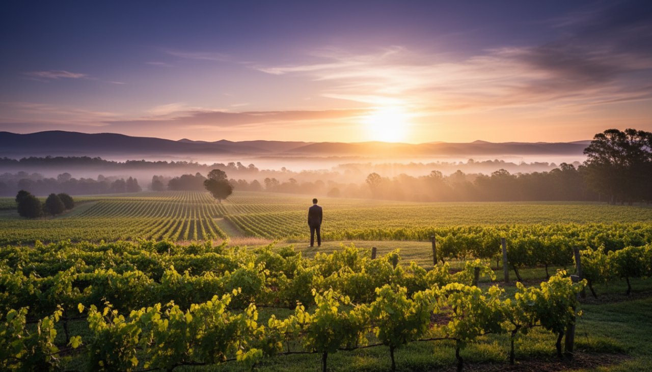 An epic moment of evocative fine art photography in Steels Creek Victoria, featuring a lone figure silhouetted against a dramatic sunset over rolling hills, with a subtle mist enhancing the artistic mood and capturing the serene rural beauty.