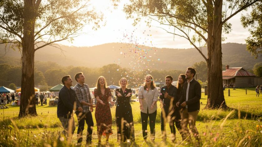 An exceptional event photography Cockatoo Victoria celebrations moment, showing guests laughing joyfully amidst the stunning Dandenong Ranges backdrop at an outdoor festival, captured with dynamic lighting.