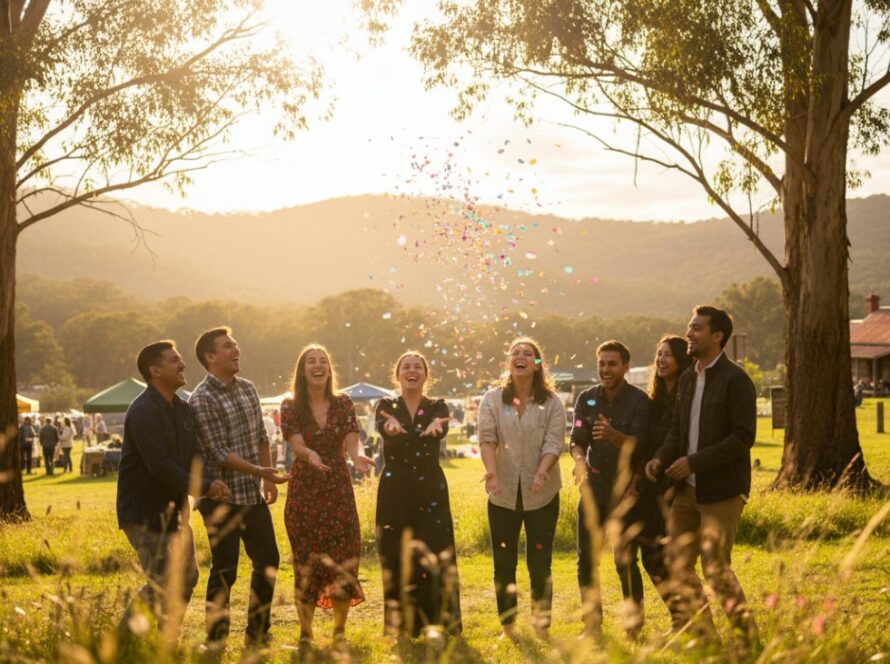 An exceptional event photography Cockatoo Victoria celebrations moment, showing guests laughing joyfully amidst the stunning Dandenong Ranges backdrop at an outdoor festival, captured with dynamic lighting.