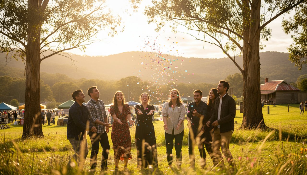 An exceptional event photography Cockatoo Victoria celebrations moment, showing guests laughing joyfully amidst the stunning Dandenong Ranges backdrop at an outdoor festival, captured with dynamic lighting.