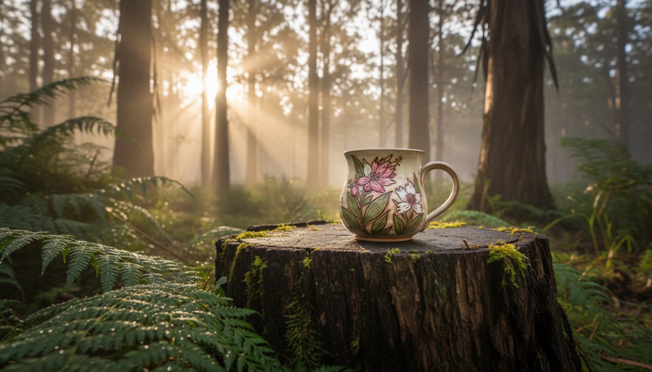 Exceptional Product Photography Cockatoo Victoria Small Businesses: A handcrafted, artisanal wooden carving, locally sourced, bathed in the soft, golden light of a Dandenong Ranges sunset, captured with exquisite detail, highlighting its unique textures and craftsmanship in a cinematic outdoor setting.
