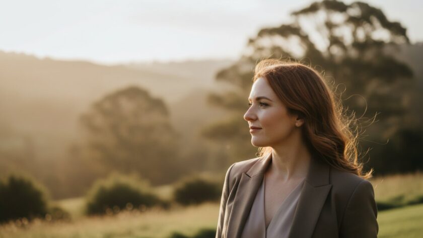 A confident businesswoman with a warm smile, dressed in smart casual attire, stands bathed in soft, golden hour light against a lush, slightly blurred backdrop of rolling hills and native gum trees typical of Chum Creek, Victoria. Her gaze is direct and inviting, showcasing her unique personality and professionalism. This epic moment captures her essence for exceptional professional headshots Chum Creek.