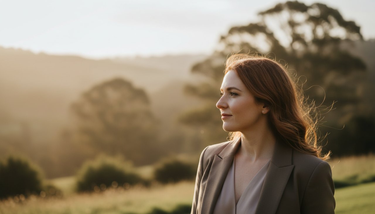 A confident businesswoman with a warm smile, dressed in smart casual attire, stands bathed in soft, golden hour light against a lush, slightly blurred backdrop of rolling hills and native gum trees typical of Chum Creek, Victoria. Her gaze is direct and inviting, showcasing her unique personality and professionalism. This epic moment captures her essence for exceptional professional headshots Chum Creek.