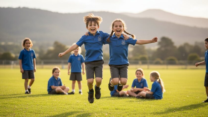 An inspiring, sun-drenched photograph showcasing the exceptional school photography Gembrook authentic portraits style, featuring a group of diverse Gembrook primary school children laughing joyfully together on a vibrant, green school oval, with the majestic Dandenong Ranges visible in the background, capturing a genuine moment of friendship and youthful energy.