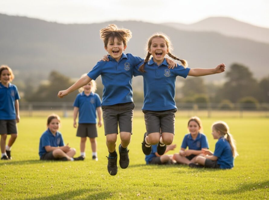 An inspiring, sun-drenched photograph showcasing the exceptional school photography Gembrook authentic portraits style, featuring a group of diverse Gembrook primary school children laughing joyfully together on a vibrant, green school oval, with the majestic Dandenong Ranges visible in the background, capturing a genuine moment of friendship and youthful energy.