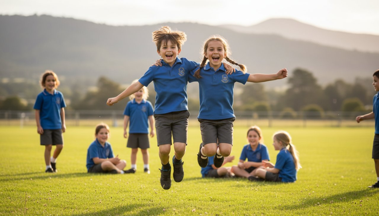 An inspiring, sun-drenched photograph showcasing the exceptional school photography Gembrook authentic portraits style, featuring a group of diverse Gembrook primary school children laughing joyfully together on a vibrant, green school oval, with the majestic Dandenong Ranges visible in the background, capturing a genuine moment of friendship and youthful energy.
