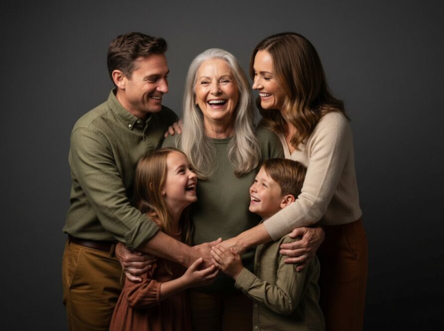 Exceptional studio portraits Badger Creek VIC: A beautifully lit, epic moment of a family laughing genuinely in a modern studio, showcasing warmth and connection.
