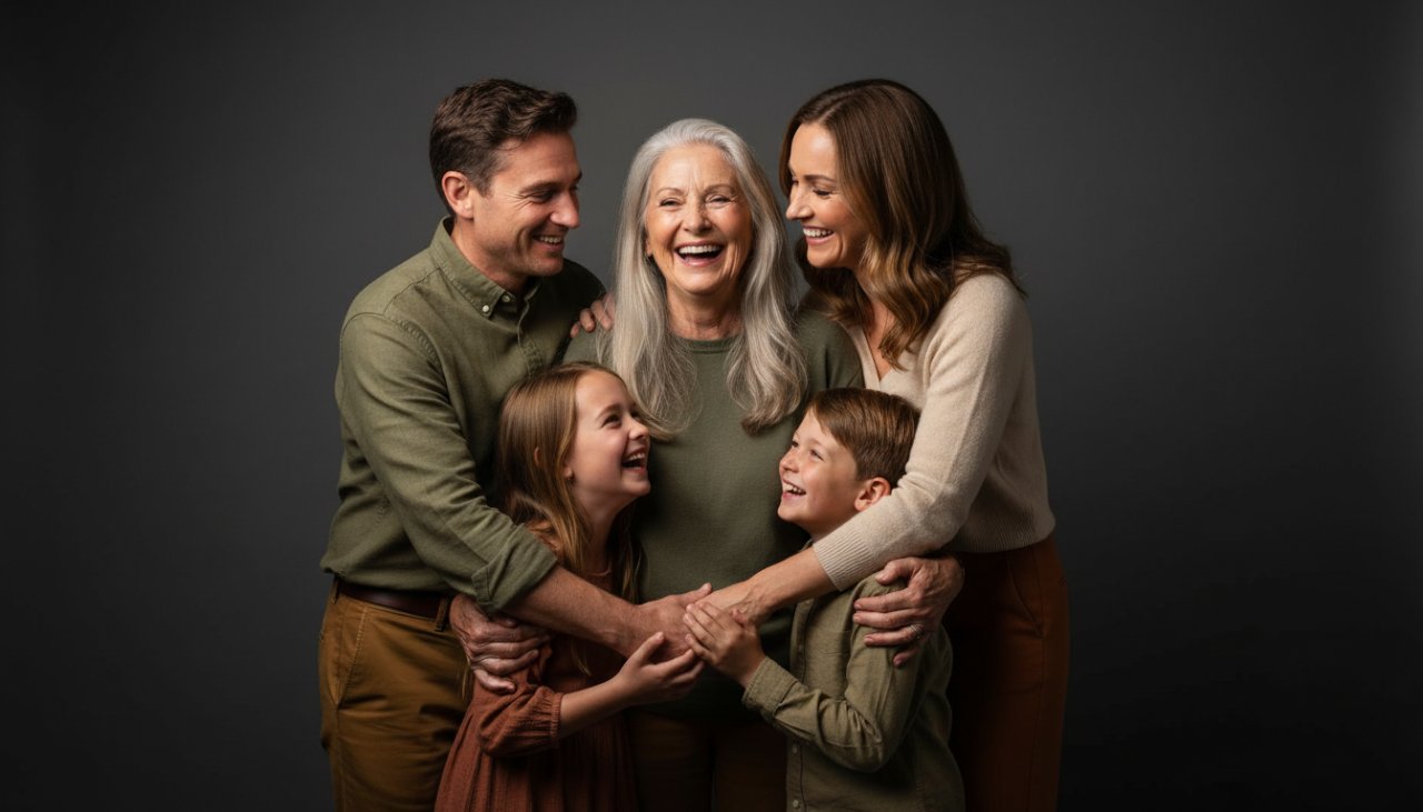 Exceptional studio portraits Badger Creek VIC: A beautifully lit, epic moment of a family laughing genuinely in a modern studio, showcasing warmth and connection.