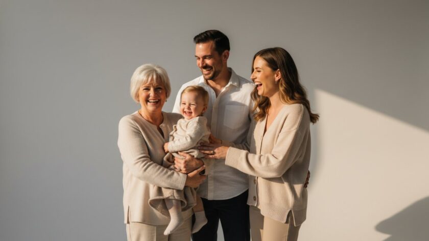 A family joyfully embracing during an exceptional studio portraits Portsea Victoria session, with soft, elegant lighting highlighting their connection, capturing an epic, timeless moment.