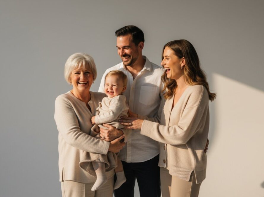 A family joyfully embracing during an exceptional studio portraits Portsea Victoria session, with soft, elegant lighting highlighting their connection, capturing an epic, timeless moment.