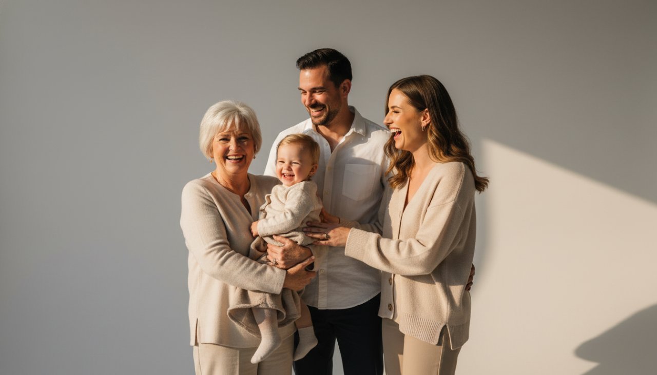 A family joyfully embracing during an exceptional studio portraits Portsea Victoria session, with soft, elegant lighting highlighting their connection, capturing an epic, timeless moment.
