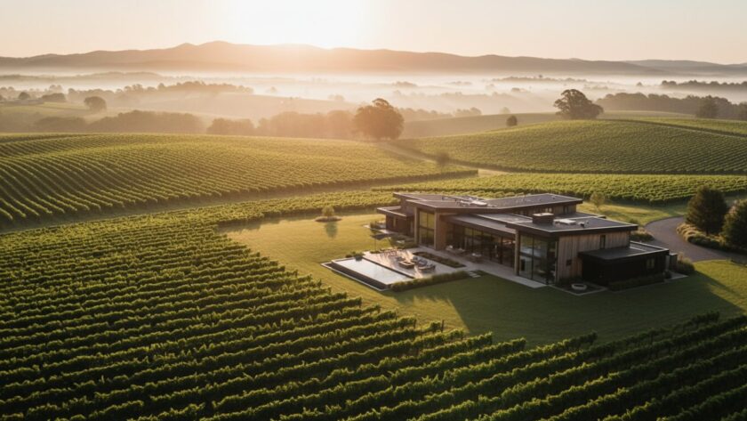 An epic aerial view of a luxurious Woori Yallock property nestled amidst rolling vineyards and the distant Yarra Ranges at sunrise, showcasing exceptional Woori Yallock real estate photography with golden light.