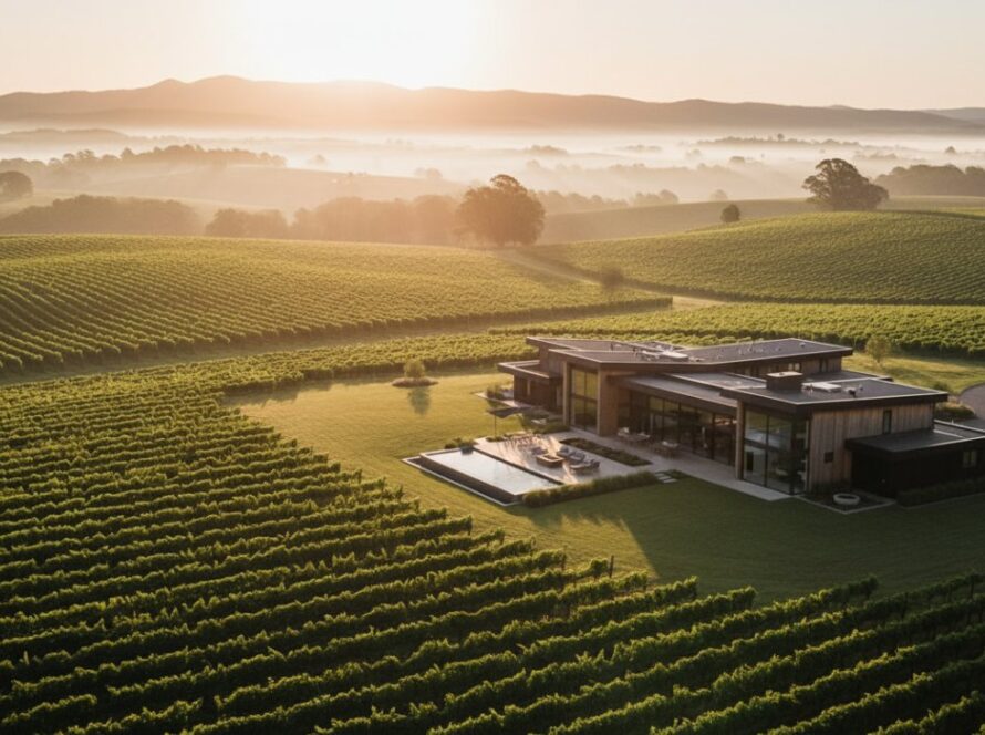 An epic aerial view of a luxurious Woori Yallock property nestled amidst rolling vineyards and the distant Yarra Ranges at sunrise, showcasing exceptional Woori Yallock real estate photography with golden light.