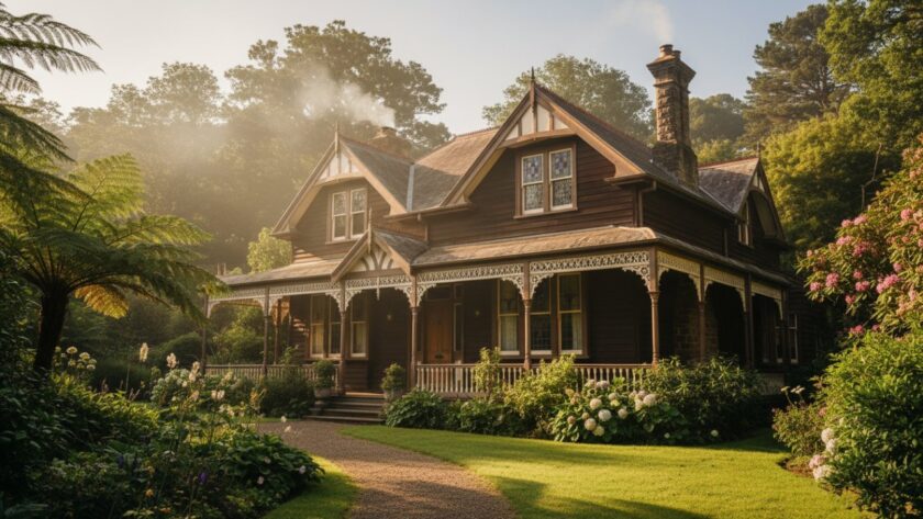 An 'epic moment' photograph showcasing a beautifully restored Federation-style heritage home in Ferny Creek, bathed in golden hour light, highlighting its intricate timber details and lush garden, expertly captured to represent expert architectural photography Ferny Creek heritage homes.