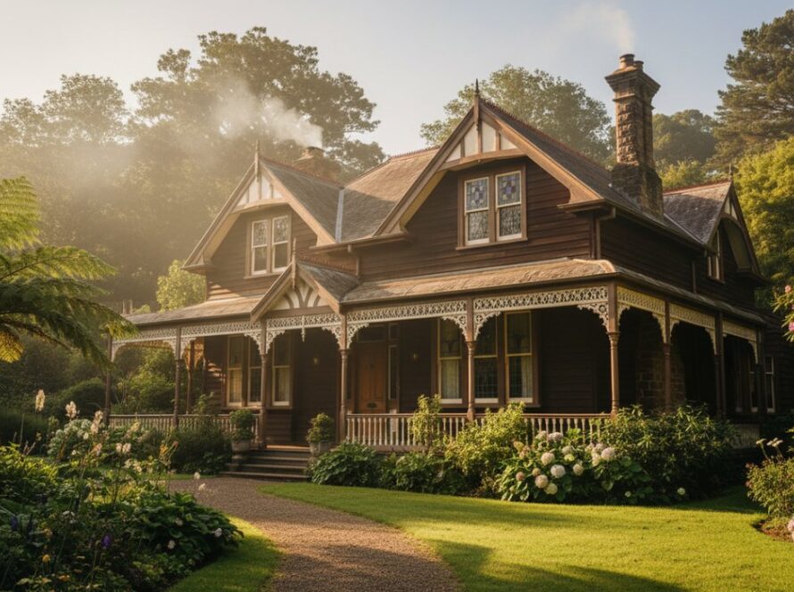 An 'epic moment' photograph showcasing a beautifully restored Federation-style heritage home in Ferny Creek, bathed in golden hour light, highlighting its intricate timber details and lush garden, expertly captured to represent expert architectural photography Ferny Creek heritage homes.