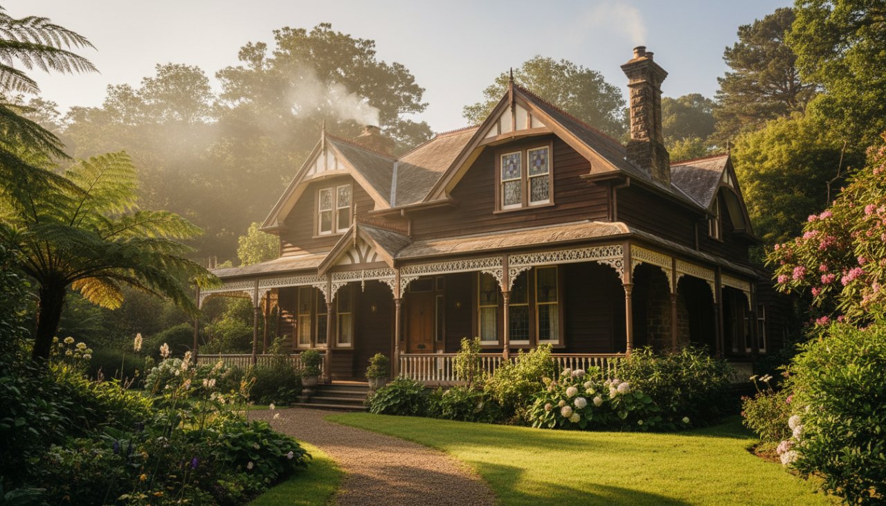 An 'epic moment' photograph showcasing a beautifully restored Federation-style heritage home in Ferny Creek, bathed in golden hour light, highlighting its intricate timber details and lush garden, expertly captured to represent expert architectural photography Ferny Creek heritage homes.