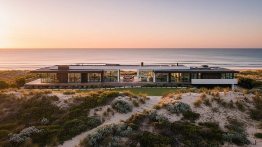 Golden hour aerial view showcasing a magnificent Balnarring Beach coastal home with a vast ocean backdrop and shimmering sunlight, highlighting expert Balnarring Beach Real Estate Photography for Coastal Homes.