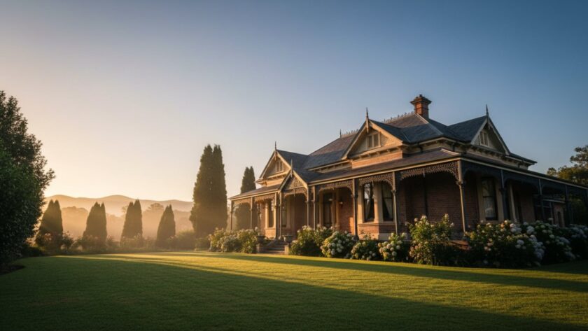 An epic moment captured in expert Belgrave South heritage homes architectural photography, showcasing a majestic Victorian-era homestead at dawn, bathed in golden light with mist rolling through the Dandenong Ranges.