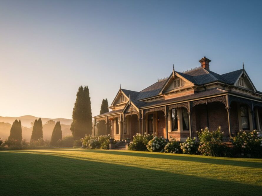 An epic moment captured in expert Belgrave South heritage homes architectural photography, showcasing a majestic Victorian-era homestead at dawn, bathed in golden light with mist rolling through the Dandenong Ranges.