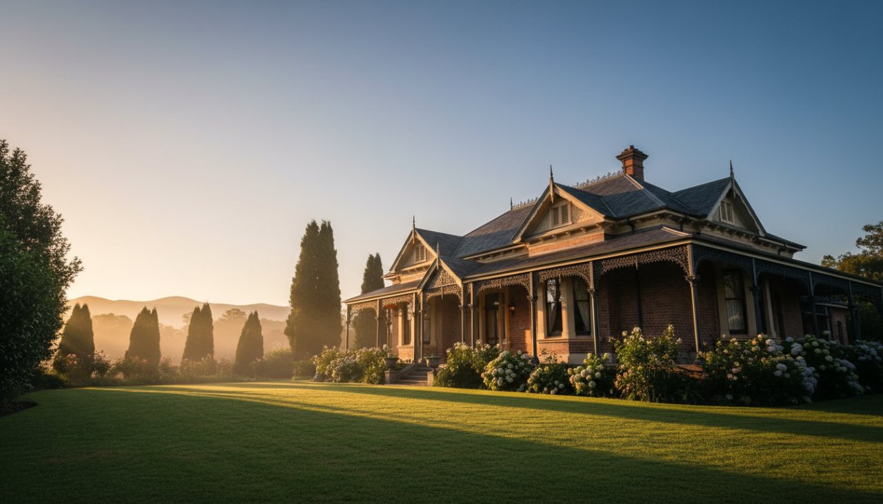 An epic moment captured in expert Belgrave South heritage homes architectural photography, showcasing a majestic Victorian-era homestead at dawn, bathed in golden light with mist rolling through the Dandenong Ranges.