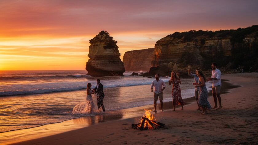 An Expert Blairgowrie Event Photography Candid Moments image of a group of friends laughing joyfully at a vibrant beachside party during sunset, with the iconic Blairgowrie back beach cliffs in the background and warm, golden hour lighting.