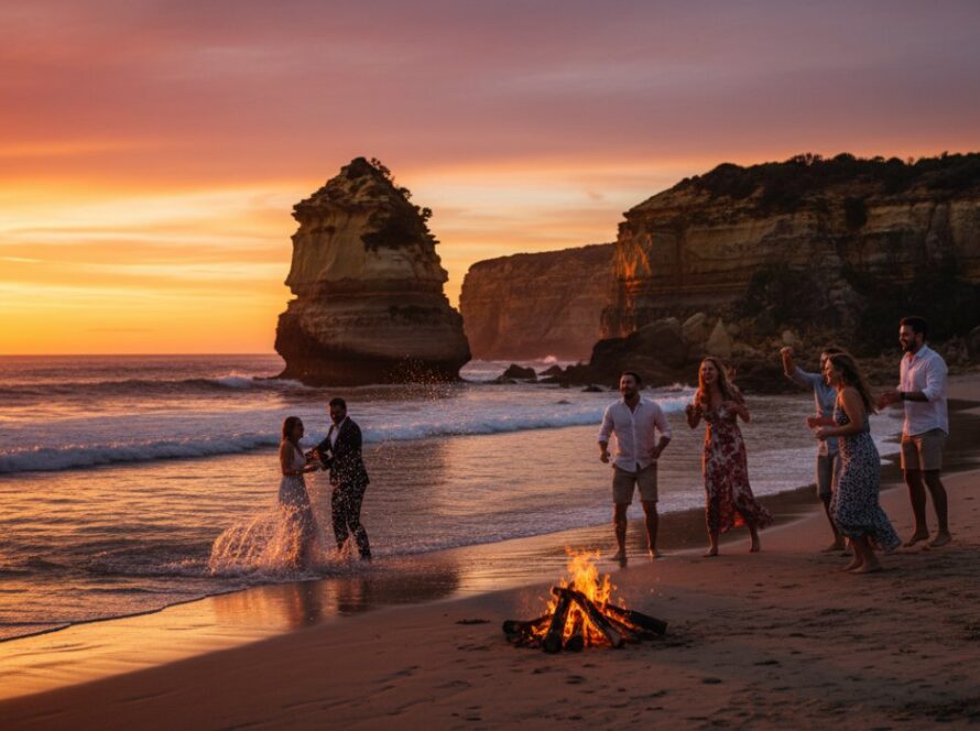 An Expert Blairgowrie Event Photography Candid Moments image of a group of friends laughing joyfully at a vibrant beachside party during sunset, with the iconic Blairgowrie back beach cliffs in the background and warm, golden hour lighting.