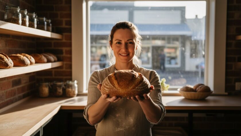 An epic, cinematic shot of a Montrose artisanal bakery owner proudly presenting a freshly baked sourdough loaf, lit by warm morning sun, showcasing expert commercial photography Montrose for brand success.