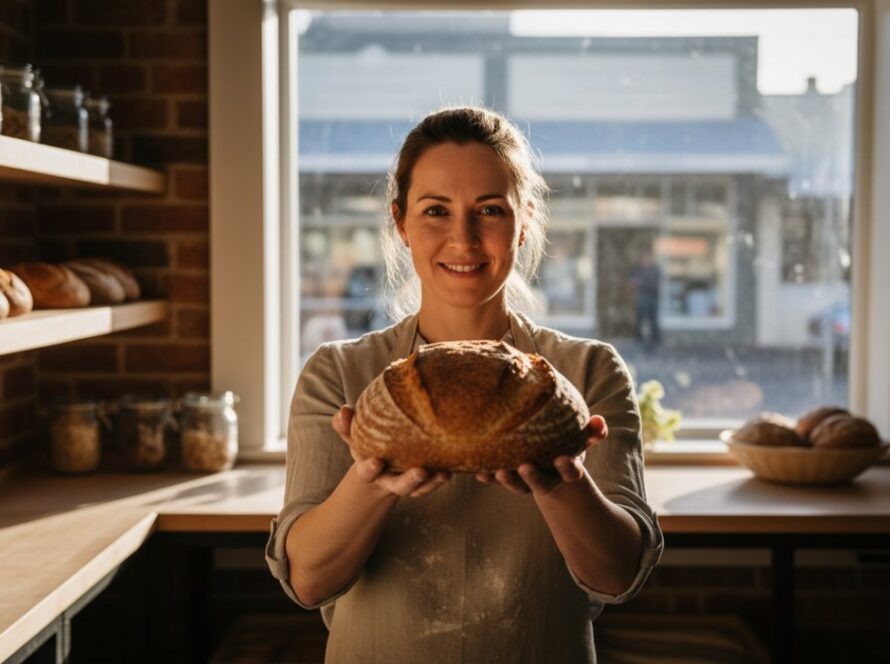 An epic, cinematic shot of a Montrose artisanal bakery owner proudly presenting a freshly baked sourdough loaf, lit by warm morning sun, showcasing expert commercial photography Montrose for brand success.
