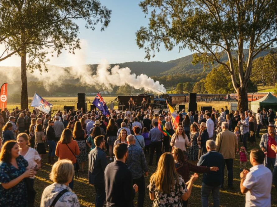 An aerial shot capturing expert event photography in Emerald, Victoria, showcasing a vibrant community festival against the backdrop of the Dandenong Ranges, preserving truly memorable moments as attendees enjoy live music and colourful stalls under a golden sunset.