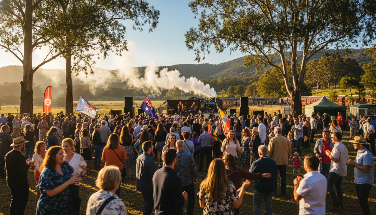 An aerial shot capturing expert event photography in Emerald, Victoria, showcasing a vibrant community festival against the backdrop of the Dandenong Ranges, preserving truly memorable moments as attendees enjoy live music and colourful stalls under a golden sunset.