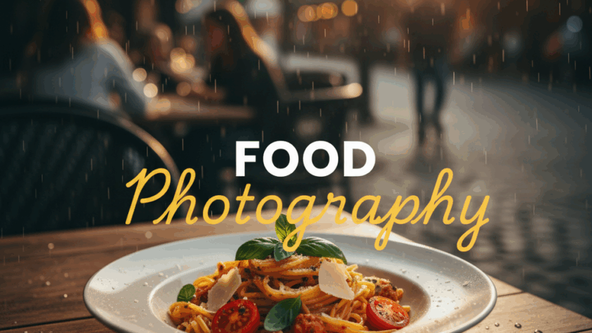 Atmospheric street photography style image of a beautifully styled dish on an outdoor cafe table in Chirnside Park during golden hour, with the title 'FOOD PHOTOGRAPHY' overlaid. The dish is vibrant and appealing, reflecting the quality of expert food photography in Chirnside Park restaurants.