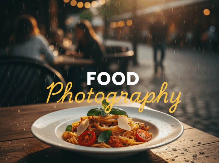 Atmospheric street photography style image of a beautifully styled dish on an outdoor cafe table in Chirnside Park during golden hour, with the title 'FOOD PHOTOGRAPHY' overlaid. The dish is vibrant and appealing, reflecting the quality of expert food photography in Chirnside Park restaurants.