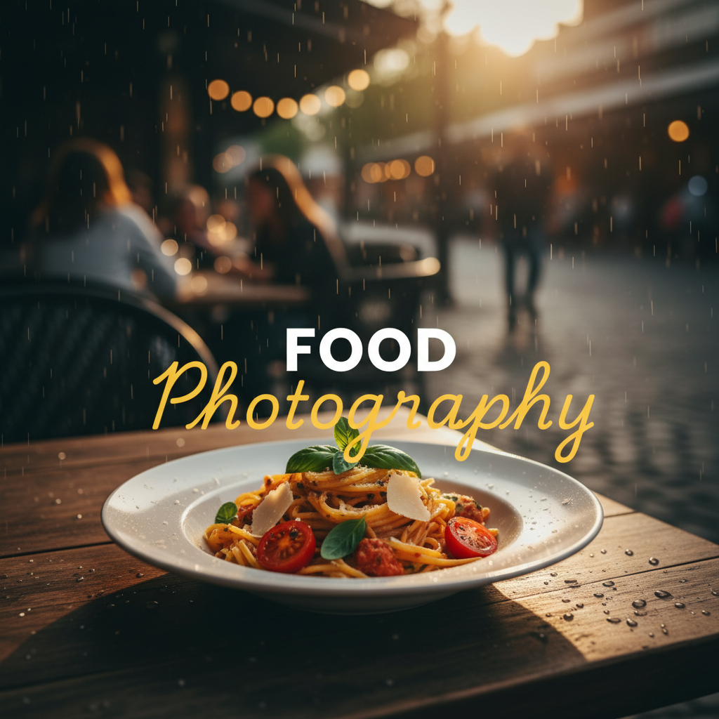 Atmospheric street photography style image of a beautifully styled dish on an outdoor cafe table in Chirnside Park during golden hour, with the title 'FOOD PHOTOGRAPHY' overlaid. The dish is vibrant and appealing, reflecting the quality of expert food photography in Chirnside Park restaurants.
