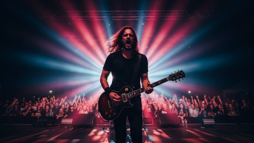 Dynamic and high-energy shot of an Expert Live Band Photography Balnarring Victoria moment: a lead guitarist in mid-solo, bathed in dramatic red stage lighting with sweat gleaming, crowd silhouetted in the background, conveying intense passion and the raw energy of live performance.