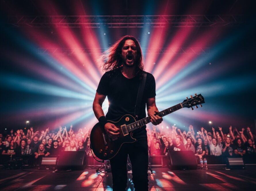Dynamic and high-energy shot of an Expert Live Band Photography Balnarring Victoria moment: a lead guitarist in mid-solo, bathed in dramatic red stage lighting with sweat gleaming, crowd silhouetted in the background, conveying intense passion and the raw energy of live performance.