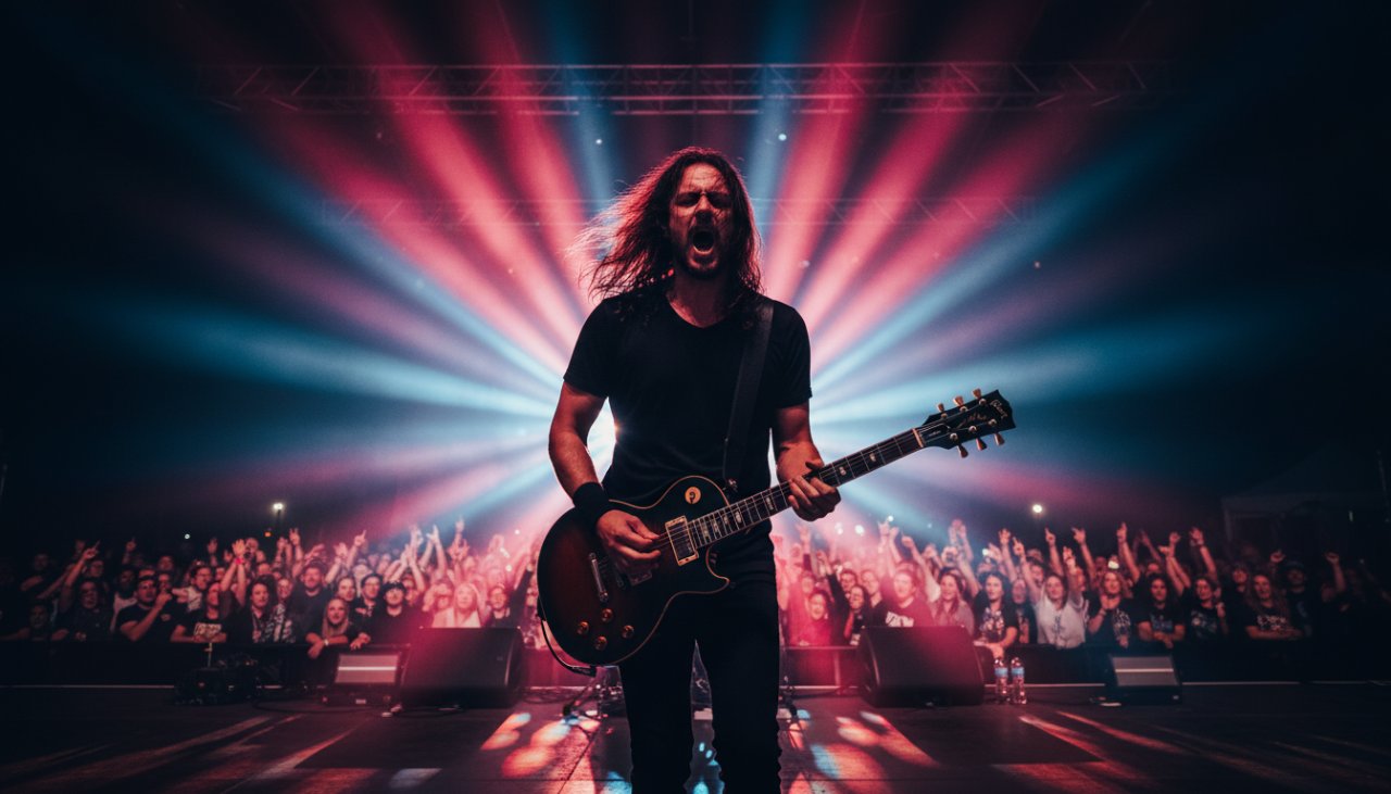 Dynamic and high-energy shot of an Expert Live Band Photography Balnarring Victoria moment: a lead guitarist in mid-solo, bathed in dramatic red stage lighting with sweat gleaming, crowd silhouetted in the background, conveying intense passion and the raw energy of live performance.